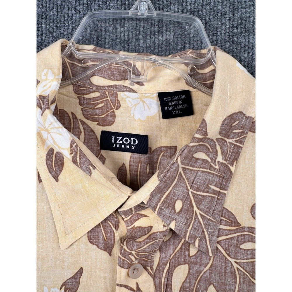 IZOD Jeans Mens XXL Tropical Floral Monstera Leaf Button Down Shirt Tan Brown